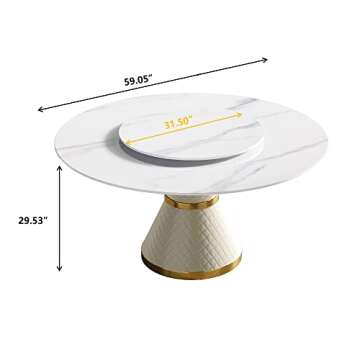 Sdorens Round Dining Table for 8, White Sintered Stone Tabletop with Lazy Susan, White Leather Carbon Steel Base, 59" Kitchen Dining Room Table