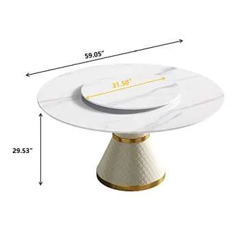 Sdorens Round Dining Table for 8, White Sintered Stone Tabletop with Lazy Susan, White Leather Carbon Steel Base, 59" Kitchen Dining Room Table