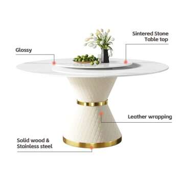 Sdorens Round Dining Table for 8, White Sintered Stone Tabletop with Lazy Susan, White Leather Carbon Steel Base, 59" Kitchen Dining Room Table