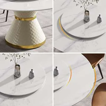 Sdorens Round Dining Table for 8, White Sintered Stone Tabletop with Lazy Susan, White Leather Carbon Steel Base, 59" Kitchen Dining Room Table