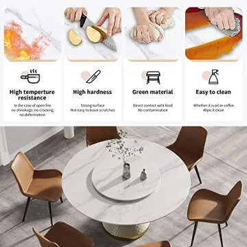 Sdorens Round Dining Table for 8, White Sintered Stone Tabletop with Lazy Susan, White Leather Carbon Steel Base, 59" Kitchen Dining Room Table