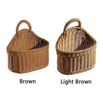 EKDJKK 2 Pcs Hanging Storage Baskets, Plastic Pantry Wicker Baskets, Wall Mount Basket with Hook, Decorative Baskets for Organizing, Small Woven Baskets for Kitchen Bathroom(Brown)