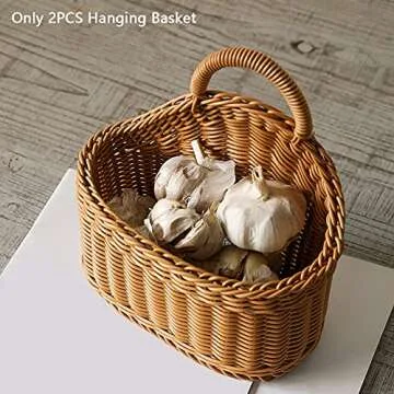 EKDJKK 2 Pcs Hanging Storage Baskets, Plastic Pantry Wicker Baskets, Wall Mount Basket with Hook, Decorative Baskets for Organizing, Small Woven Baskets for Kitchen Bathroom(Brown)