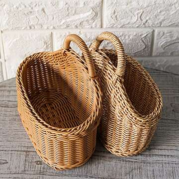 EKDJKK 2 Pcs Hanging Storage Baskets, Plastic Pantry Wicker Baskets, Wall Mount Basket with Hook, Decorative Baskets for Organizing, Small Woven Baskets for Kitchen Bathroom(Brown)