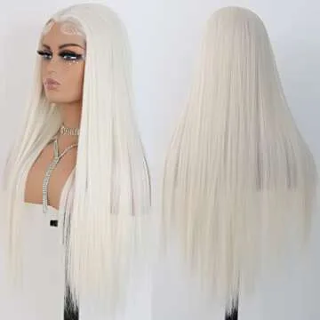 ANDRIA Lace Front Wigs Straight Hair Glueless Lace Wigs Synthetic Long Silk Straight Natural Wig Heat Resistant Fiber Platinum Blonde Colorful Wig With Baby Hair For Black Women 24 Inches