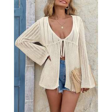 Saodimallsu Womens Summer Lightweight Tie Front Cardigans Crochet Knit Long Bell Sleeve Casual V Nec...