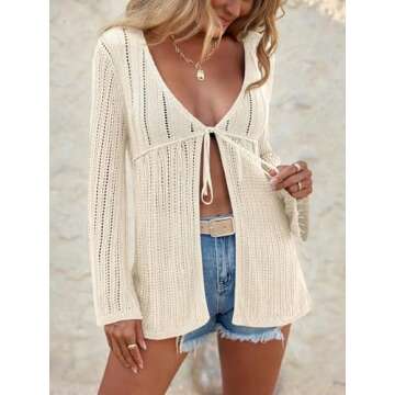 Saodimallsu Womens Summer Lightweight Tie Front Cardigans Crochet Knit Long Bell Sleeve Casual V Neck Beach Cover Ups Apricot