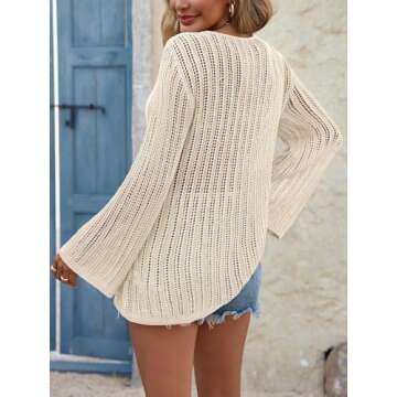 Saodimallsu Womens Summer Lightweight Tie Front Cardigans Crochet Knit Long Bell Sleeve Casual V Neck Beach Cover Ups Apricot