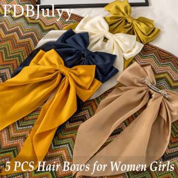 Satin Hair Bows 5 PCS Claw Clip for Women Girls,Premium black Bow-knot Hair Clips for Women Thick Hair & Thin Hair,Big Bows Hair Clips,Nonslip Bows Claw Clips for Women