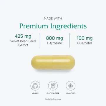 Vitanica Dopamine Assist, Dr Formulated Dopamine Supplement, L-Tyrosine, Mucuna Pruriens Neurotransmitter Mood Support, Vitamin B6, Folate, Green Tea Extract Quercetin Vegan, 60 Capsules