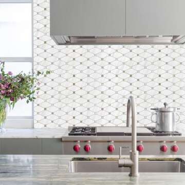 STICKGOO 10 Sheets Peel and Stick Backsplash, White Marble Look PVC Mixed Metal Gold Kitchen Backspl...