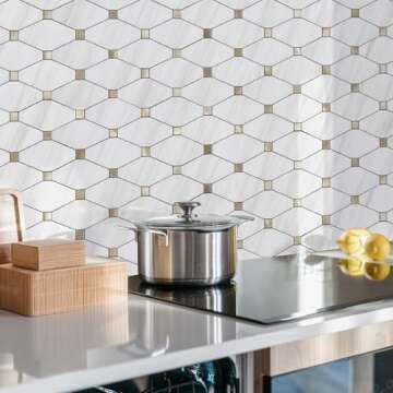 STICKGOO 10 Sheets Peel and Stick Backsplash, White Marble Look PVC Mixed Metal Gold Kitchen Backsplash, Dolomite Stick on Backsplash Mosaic Tile for Fireplace, RV