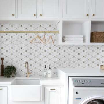 STICKGOO 10 Sheets Peel and Stick Backsplash, White Marble Look PVC Mixed Metal Gold Kitchen Backsplash, Dolomite Stick on Backsplash Mosaic Tile for Fireplace, RV