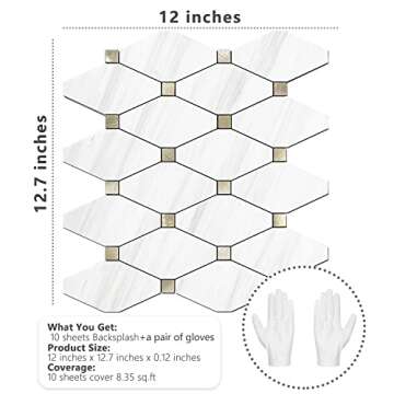 STICKGOO 10 Sheets Peel and Stick Backsplash, White Marble Look PVC Mixed Metal Gold Kitchen Backsplash, Dolomite Stick on Backsplash Mosaic Tile for Fireplace, RV