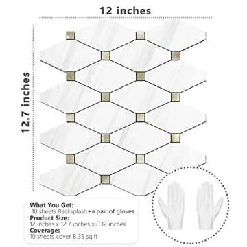 STICKGOO 10 Sheets Peel and Stick Backsplash, White Marble Look PVC Mixed Metal Gold Kitchen Backsplash, Dolomite Stick on Backsplash Mosaic Tile for Fireplace, RV
