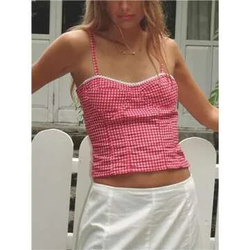 Alyweatry Women Y2k Gingham Tank Top Sleeveless Coquette Aesthetic Plaid Print Cami Crop Top Summer ...