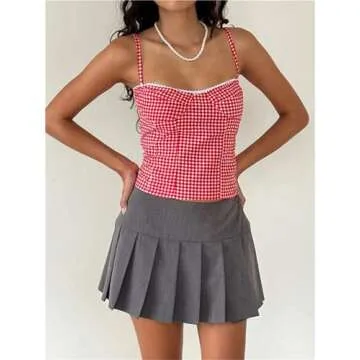 Alyweatry Women Y2k Gingham Tank Top Sleeveless Coquette Aesthetic Plaid Print Cami Crop Top Summer Going Out Top (Red Cami Top, M), Medium