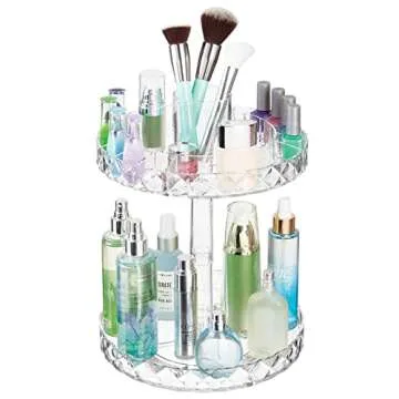 mDesign Spinning 2-Tier Lazy Susan Makeup Turntable Storage Center Tray - Rotating Organizer for Bathroom Vanity Counter Tops, Dressing Tables, Cosmetic Stations, Dressers - 10" Round - Clear