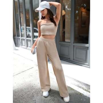 Floerns Women's 2 Piece Outfit Bandeau Crop Tube Top and Wide Leg Pants Set Khaki S