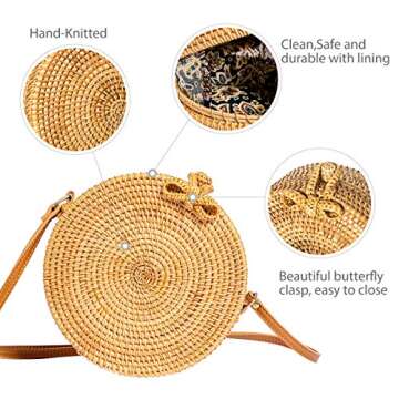 Lefur Round Rattan Bag for Women Handwoven Straw Bag Boho Beach Crossbody Purse with Shoulder Straps Lined Handbag