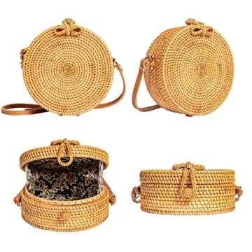 Lefur Round Rattan Bag for Women Handwoven Straw Bag Boho Beach Crossbody Purse with Shoulder Straps Lined Handbag