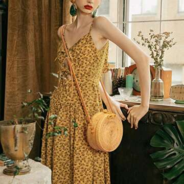 Lefur Round Rattan Bag for Women Handwoven Straw Bag Boho Beach Crossbody Purse with Shoulder Straps Lined Handbag