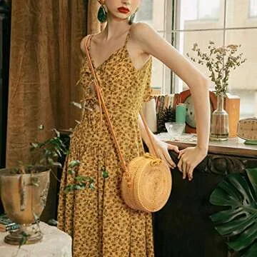 Lefur Round Rattan Bag for Women Handwoven Straw Bag Boho Beach Crossbody Purse with Shoulder Straps Lined Handbag