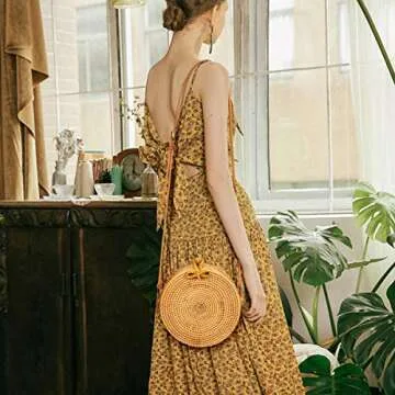 Lefur Round Rattan Bag for Women Handwoven Straw Bag Boho Beach Crossbody Purse with Shoulder Straps Lined Handbag