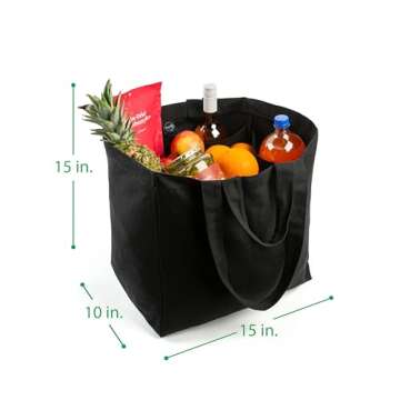 VeraMia Black Canvas Grocery Bag 3pc Jumbo Set with Real Pockets, Long Shoulder Strap and Short Hand...