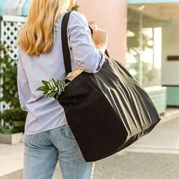 VeraMia Black Canvas Grocery Bag 3pc Jumbo Set with Real Pockets, Long Shoulder Strap and Short Handle. Reusable Shopping Bags for Groceries Heavy Duty, Foldable, Washable, Black Grocery Tote Bag