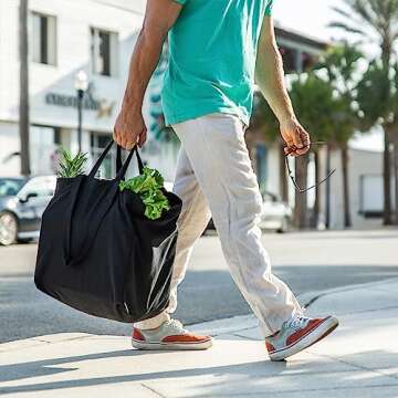 VeraMia Black Canvas Grocery Bag 3pc Jumbo Set with Real Pockets, Long Shoulder Strap and Short Handle. Reusable Shopping Bags for Groceries Heavy Duty, Foldable, Washable, Black Grocery Tote Bag