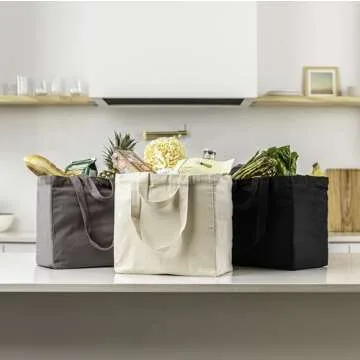 VeraMia Black Canvas Grocery Bag 3pc Jumbo Set with Real Pockets, Long Shoulder Strap and Short Handle. Reusable Shopping Bags for Groceries Heavy Duty, Foldable, Washable, Black Grocery Tote Bag