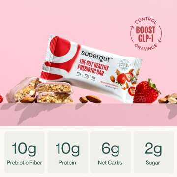 Supergut GLP-1 Boosting Prebiotic Bars, Strawberry Almond - Gut Healthy Protein Snacks & Breakfast B...