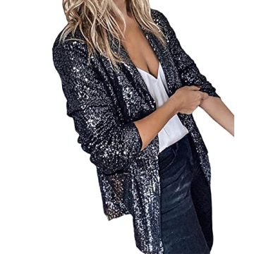 SEMATOMALA Women's Sequin Shiny Open Front Blazer Evening Party Sparkly Long Sleeve Slim Cardigan Coat BL-L