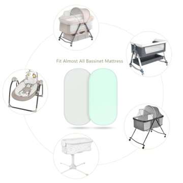 TILLYOU Bassinet Sheets Baby Ultra Soft Fitted for Boys Girls, Fits Oval/Rectangle/Hourglass Mattress，2 Pack Gray and Green