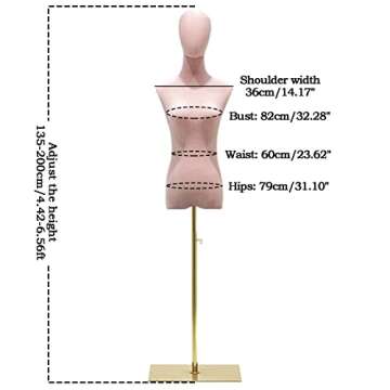 Female Dress Form, Pink Velvet Mannequin Body with Metal Stand, Detachable Dress Form for Retail Clothing Shops, Trade Shows, Online Boutiques, Craft Shows, Jewelry Display, Height Adjustable