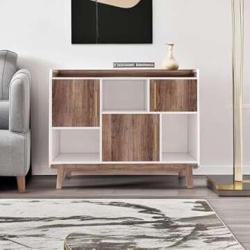 Nathan James Ellipse Multipurpose Storage Cabinet with Display Shelves and Doors, Entryway Modern Buffet or Kitchen Sideboard with Glam Gold Brass Accent, TV Stand, White