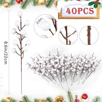 Rowfad 40 Pcs Artificial Berry Stems Branches, Christmas White Faux Holly Berries Picks Ornaments fo...