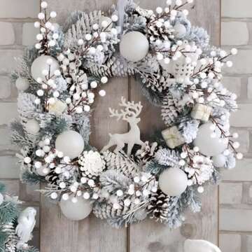 Rowfad 40 Pcs Artificial Berry Stems Branches, Christmas White Faux Holly Berries Picks Ornaments for Christmas Tree Wreath DIY Craft Decorations Holiday Home Decor (40, White)