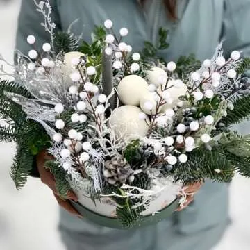 Rowfad 40 Pcs Artificial Berry Stems Branches, Christmas White Faux Holly Berries Picks Ornaments for Christmas Tree Wreath DIY Craft Decorations Holiday Home Decor (40, White)