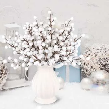 Rowfad 40 Pcs Artificial Berry Stems Branches, Christmas White Faux Holly Berries Picks Ornaments for Christmas Tree Wreath DIY Craft Decorations Holiday Home Decor (40, White)