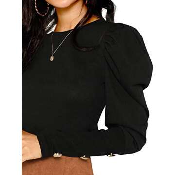 Milumia Women Puff Sleeve Tops Round Neck Long Sleeve Tee Shirts Black X-Small