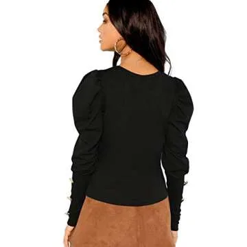 Milumia Women Puff Sleeve Tops Round Neck Long Sleeve Tee Shirts Black X-Small