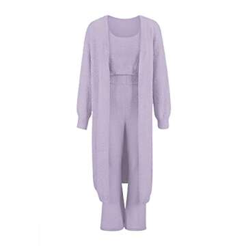 Fixmatti Womens Cozy Fuzzy Loungewear 3 Piece Pajama Set Crop Tops and Pant Long Cardigan Suit Purple L