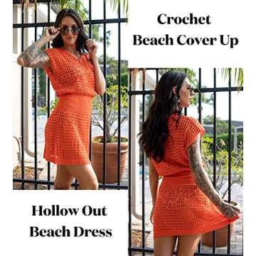 AOLRO Beach Swimsuit for Women Short Sleeve Elastic Waist Summer Coverups Crochet Bikini Cover Up Dr...