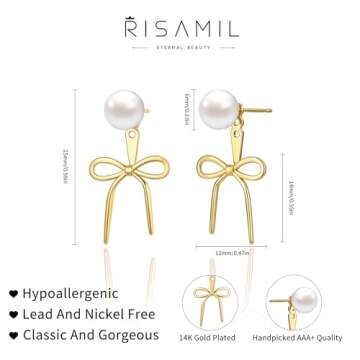 Pearl Earrings for Women Gold Bow Stud Earrings for Women Trendy 14K Gold Plated Pearl Hoop Earrings Twist Rope Bow Pearl Dangle Earrings Studs Jewelry Gifts for Women