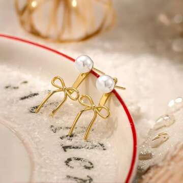 Pearl Earrings for Women Gold Bow Stud Earrings for Women Trendy 14K Gold Plated Pearl Hoop Earrings Twist Rope Bow Pearl Dangle Earrings Studs Jewelry Gifts for Women