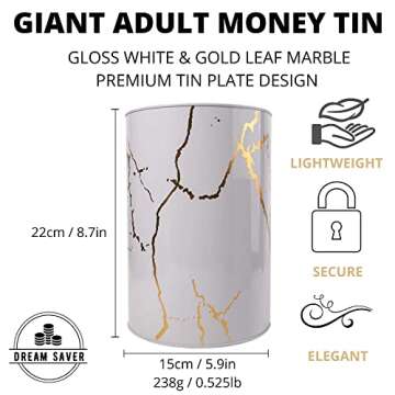 DREAM SAVER Adult Piggy Bank Break to Open / 100% Sealed Money Bank / 8.7 x 5.9in 0.525lbs Money Saver in White 'Marble'. Use as a Money Box for +12,000 Notes or + 4000 Coin Bank