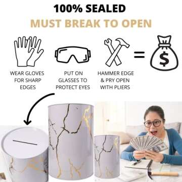 DREAM SAVER Adult Piggy Bank Break to Open / 100% Sealed Money Bank / 8.7 x 5.9in 0.525lbs Money Saver in White 'Marble'. Use as a Money Box for +12,000 Notes or + 4000 Coin Bank