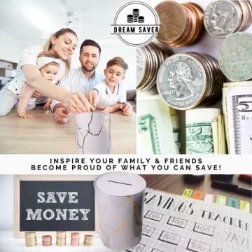 DREAM SAVER Adult Piggy Bank Break to Open / 100% Sealed Money Bank / 8.7 x 5.9in 0.525lbs Money Saver in White 'Marble'. Use as a Money Box for +12,000 Notes or + 4000 Coin Bank